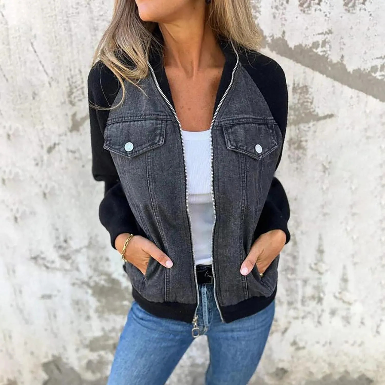 Jean Jacket Women Casual Long Sleeve Mock Neck Full Zipper Color Block Denim Coats Fall Lounge Outwear