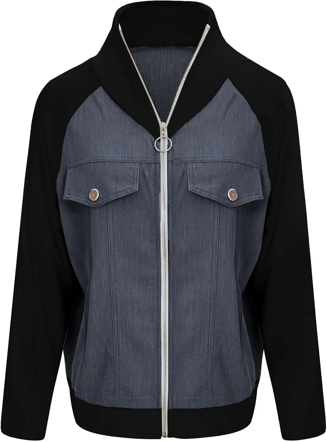 Jean Jacket Women Casual Long Sleeve Mock Neck Full Zipper Color Block Denim Coats Fall Lounge Outwear