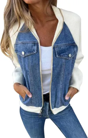 Jean Jacket Women Casual Long Sleeve Mock Neck Full Zipper Color Block Denim Coats Fall Lounge Outwear