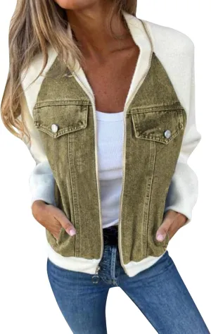 Jean Jacket Women Casual Long Sleeve Mock Neck Full Zipper Color Block Denim Coats Fall Lounge Outwear