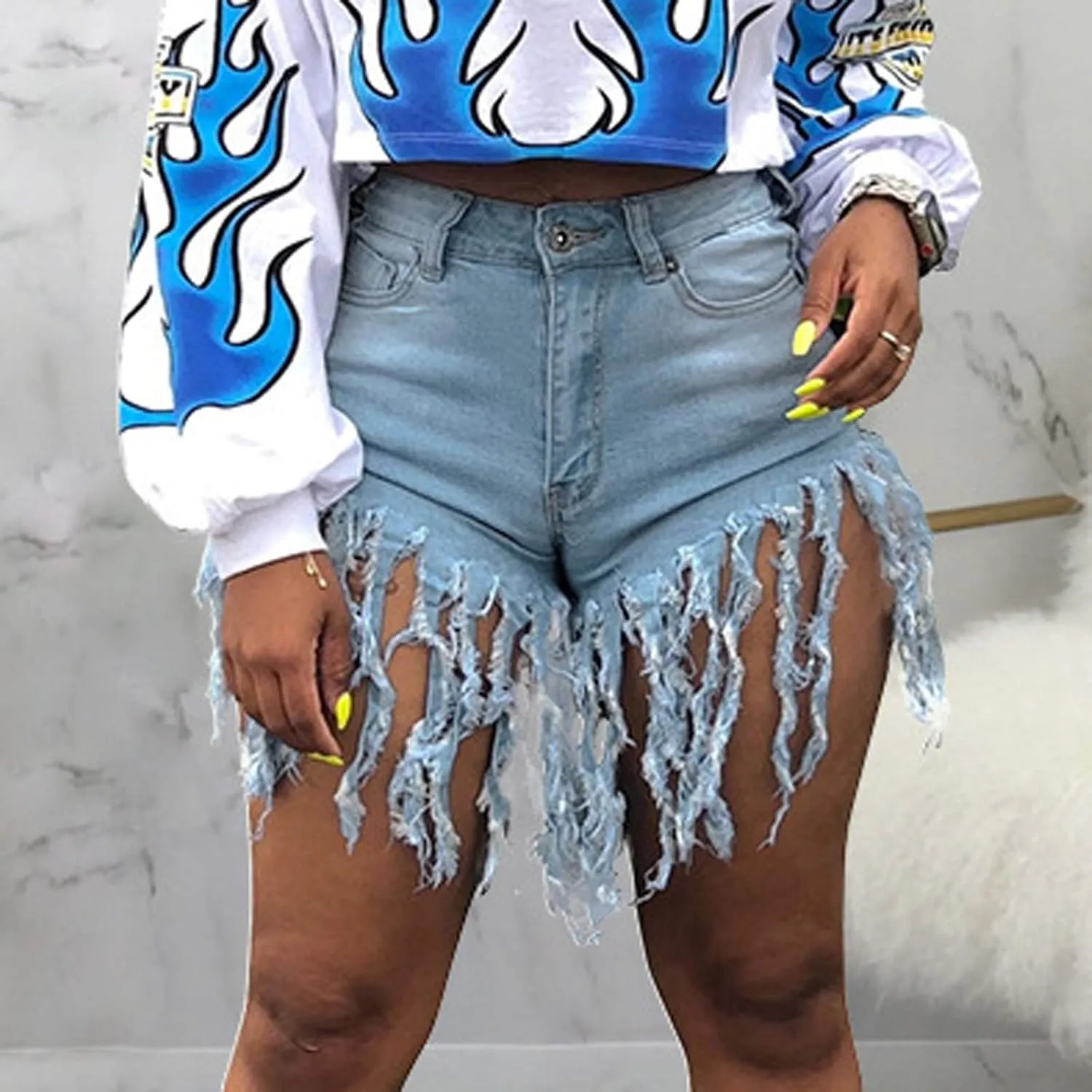 Jean Shorts for Women Juniors, Womens Casual Summer High Waisted Stretchy Frayed Raw Hem Tassels Denim Shorts