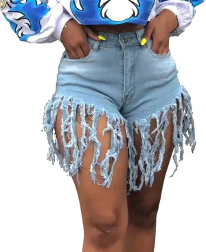 Jean Shorts for Women Juniors, Womens Casual Summer High Waisted Stretchy Frayed Raw Hem Tassels Denim Shorts