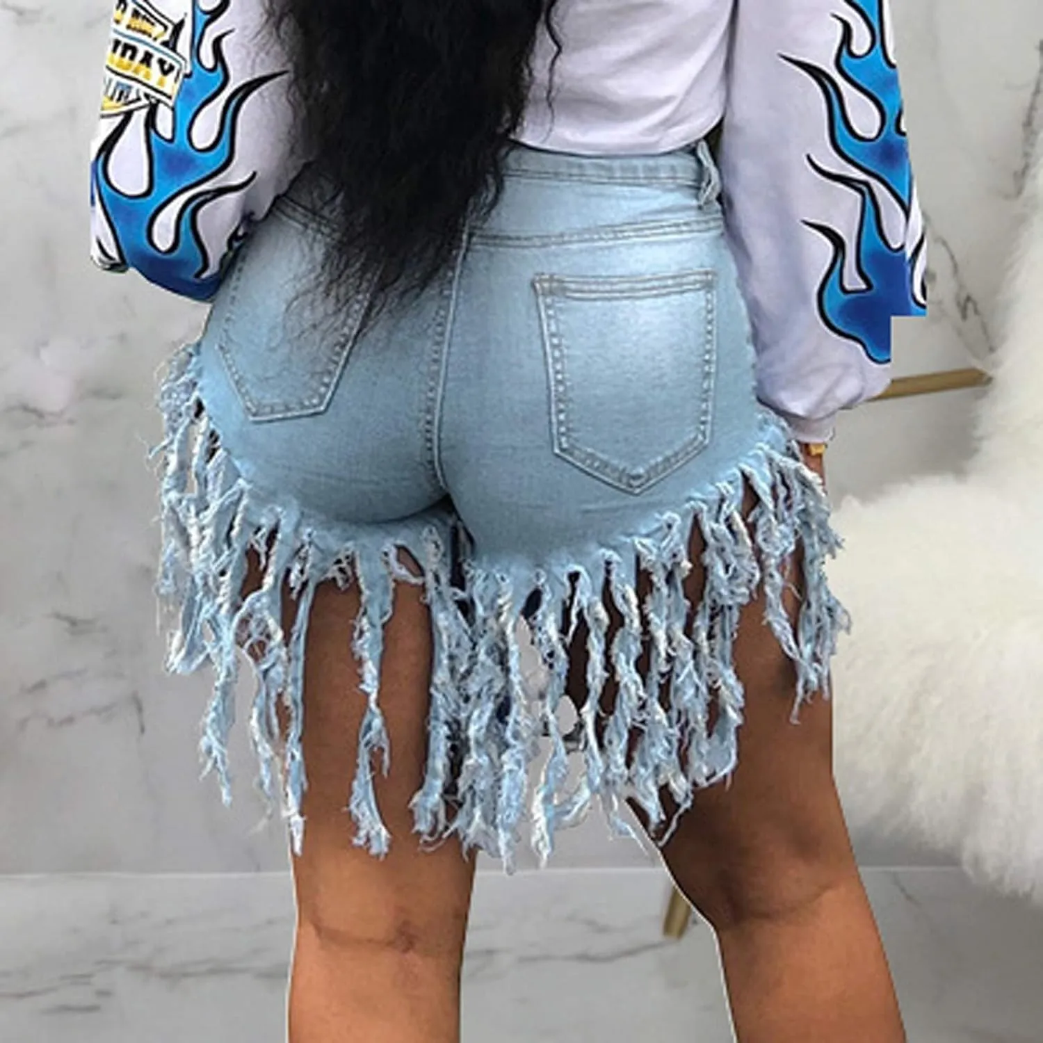 Jean Shorts for Women Juniors, Womens Casual Summer High Waisted Stretchy Frayed Raw Hem Tassels Denim Shorts