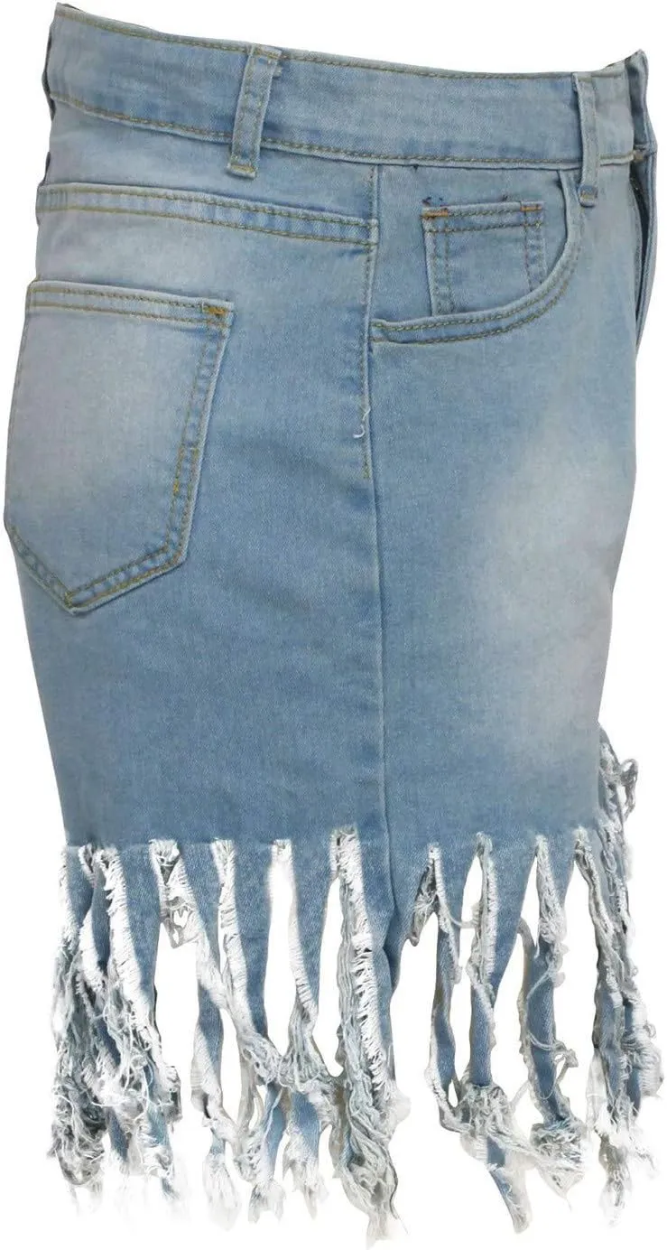 Jean Shorts for Women Juniors, Womens Casual Summer High Waisted Stretchy Frayed Raw Hem Tassels Denim Shorts