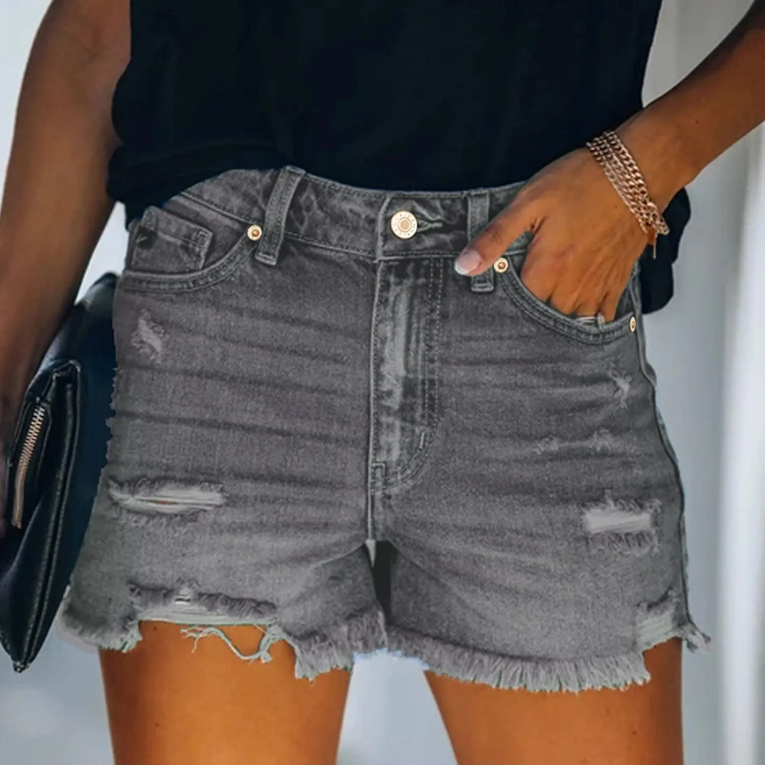 Jean Shorts Women Mid Rise Ripped Jean Shorts Stretchy Retro Denim Shorts Folded Hem Hot Short