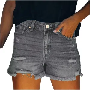 Jean Shorts Women Mid Rise Ripped Jean Shorts Stretchy Retro Denim Shorts Folded Hem Hot Short