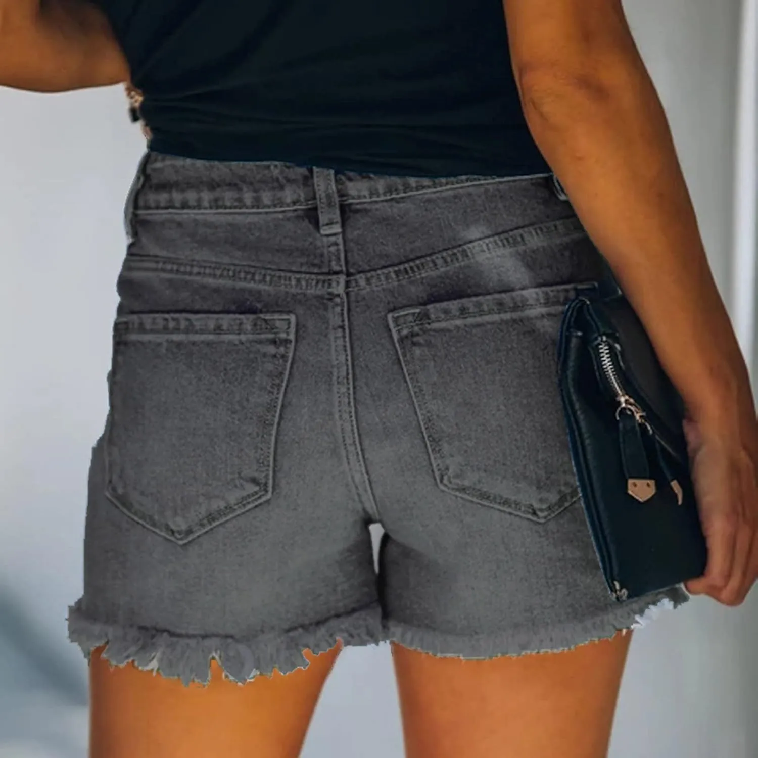 Jean Shorts Women Mid Rise Ripped Jean Shorts Stretchy Retro Denim Shorts Folded Hem Hot Short