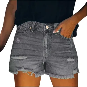 Jean Shorts Women Mid Rise Ripped Jean Shorts Stretchy Retro Denim Shorts Folded Hem Hot Short