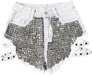 Jean Shorts Womens Fashion Cut Off Tassel Rivet Ripped High Waisted Short Jeans Punk Sexy Denim Jorts with Pockets