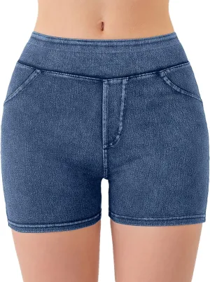 Jean Shorts Womens High Waisted Stretchy Tummy Control Denim Pull On Shorts Skinny Butt Lifting Jorts with Pockets