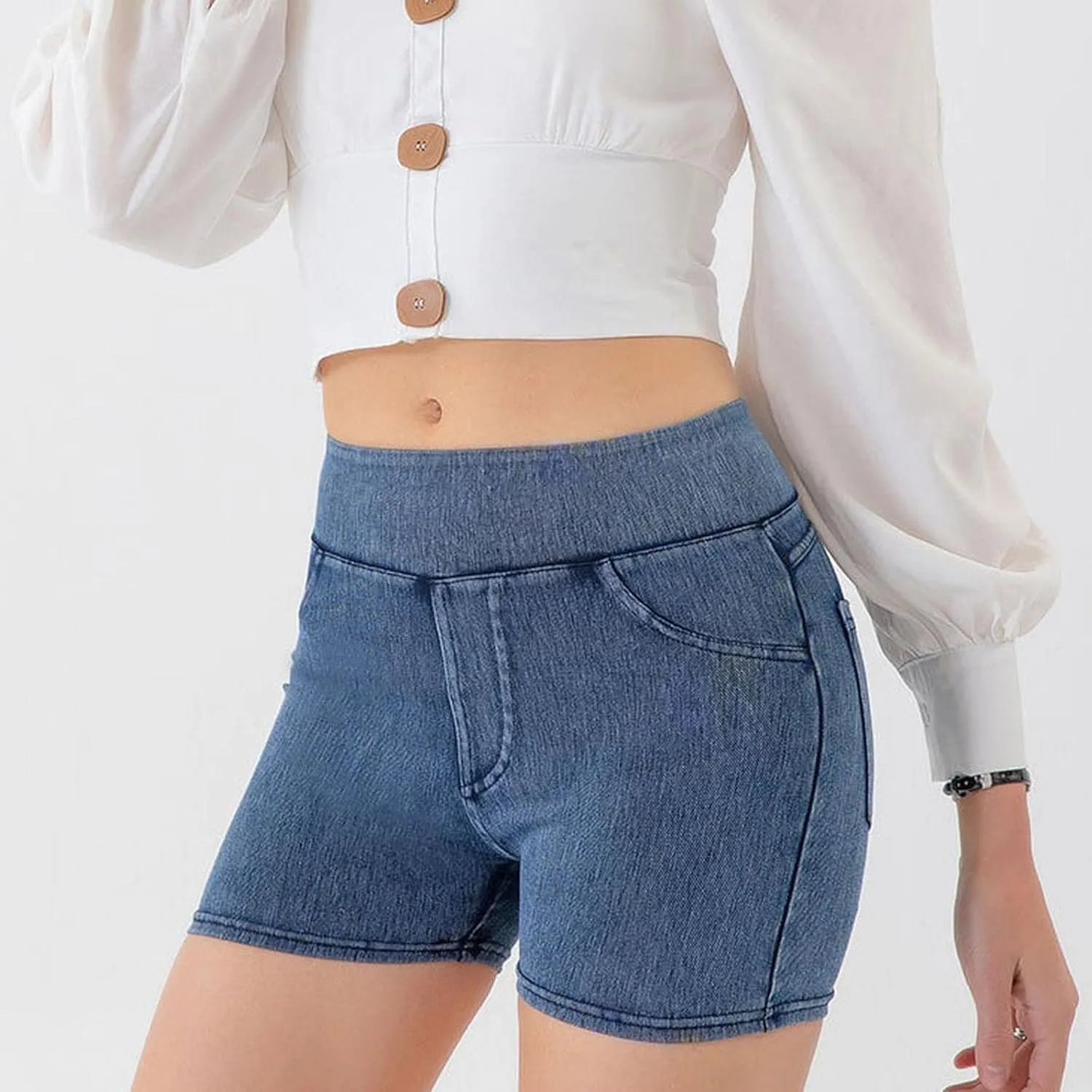 Jean Shorts Womens High Waisted Stretchy Tummy Control Denim Pull On Shorts Skinny Butt Lifting Jorts with Pockets