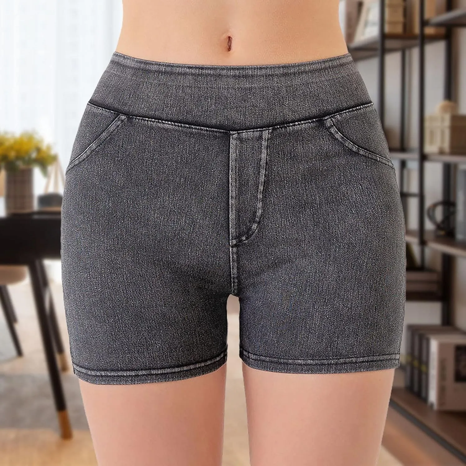 Jean Shorts Womens High Waisted Stretchy Tummy Control Denim Pull On Shorts Skinny Butt Lifting Jorts with Pockets