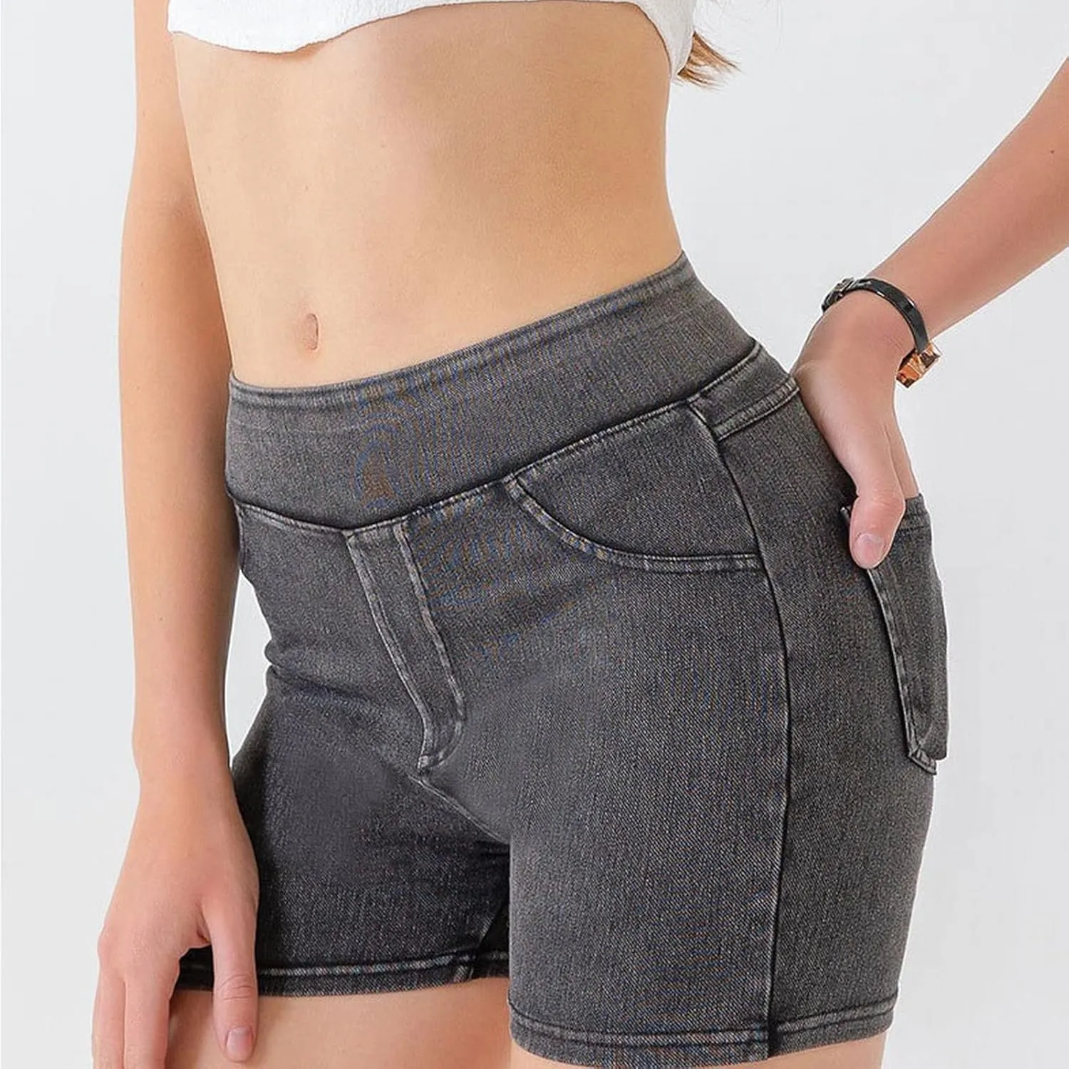 Jean Shorts Womens High Waisted Stretchy Tummy Control Denim Pull On Shorts Skinny Butt Lifting Jorts with Pockets