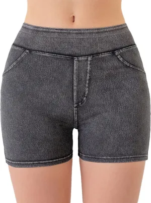 Jean Shorts Womens High Waisted Stretchy Tummy Control Denim Pull On Shorts Skinny Butt Lifting Jorts with Pockets