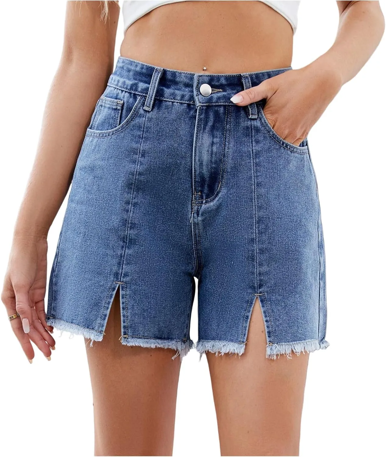 Jean Shorts Womens Stretchy High Waisted Denim Shorts Slim Fit Y2k Jorts Split Distressed Frayed Raw Hem Short Jeans