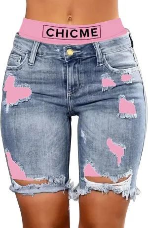 Jean Shorts Womens Stretchy High Waisted Knee Length Denim Bermuda Shorts Distressed Frayed Raw Hem Long Jean Jorts