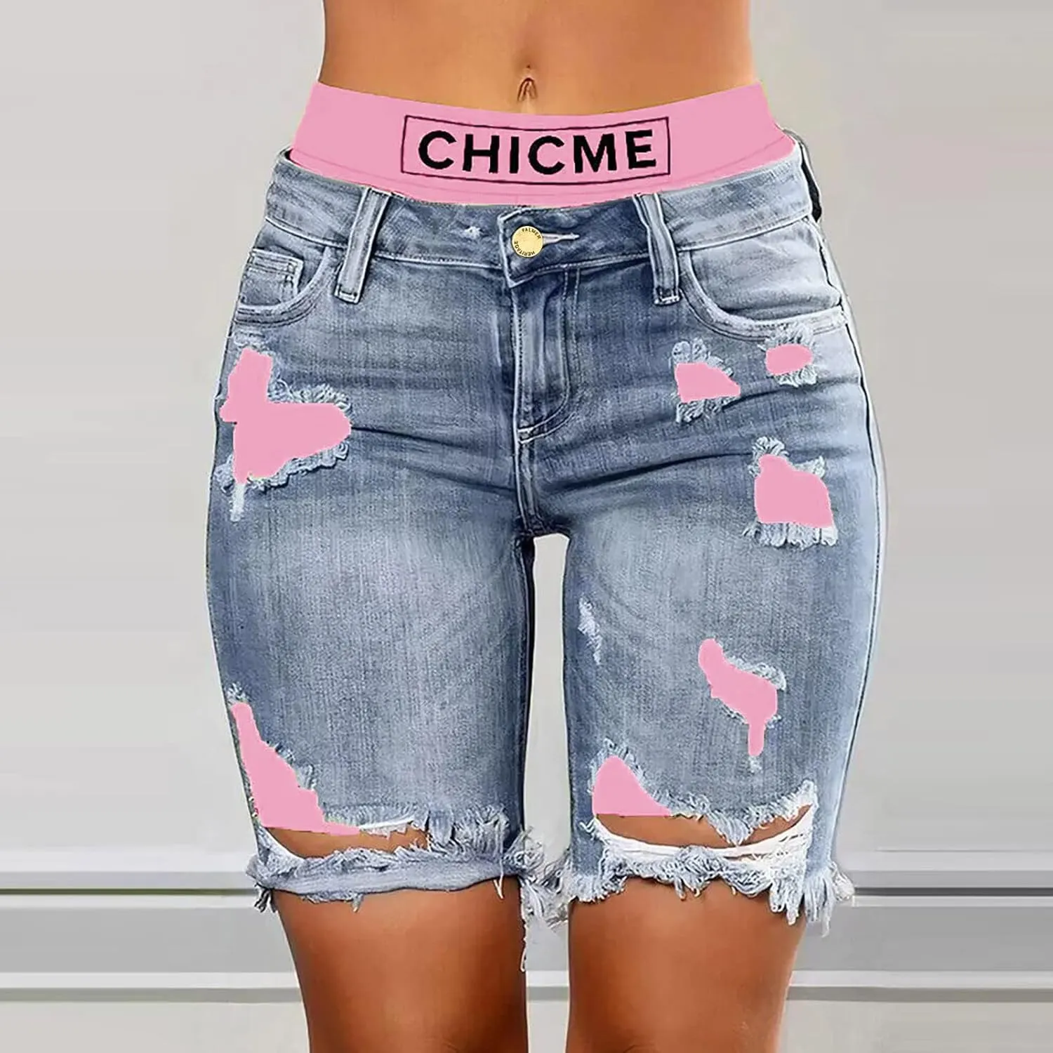 Jean Shorts Womens Stretchy High Waisted Knee Length Denim Bermuda Shorts Distressed Frayed Raw Hem Long Jean Jorts