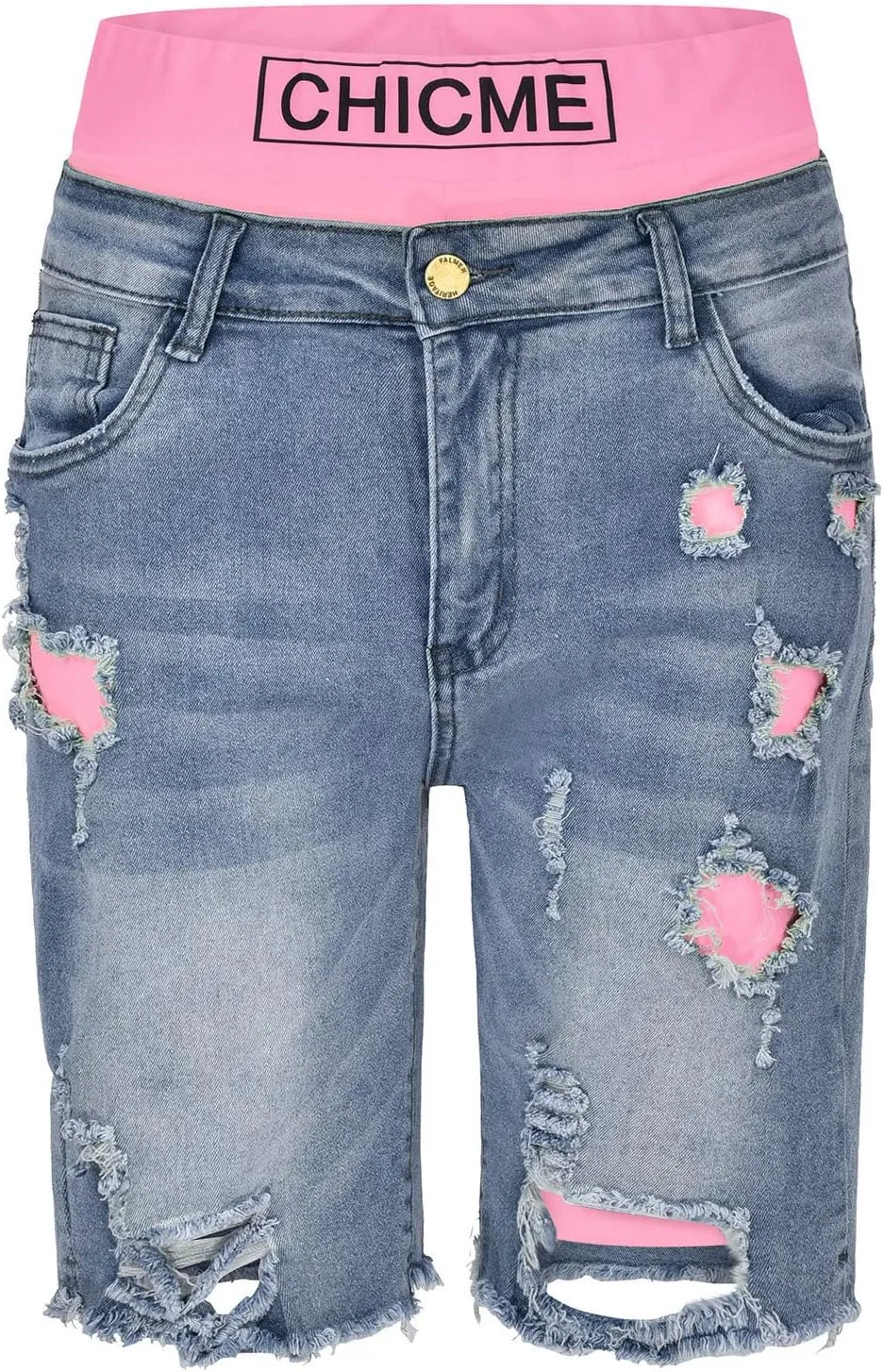 Jean Shorts Womens Stretchy High Waisted Knee Length Denim Bermuda Shorts Distressed Frayed Raw Hem Long Jean Jorts