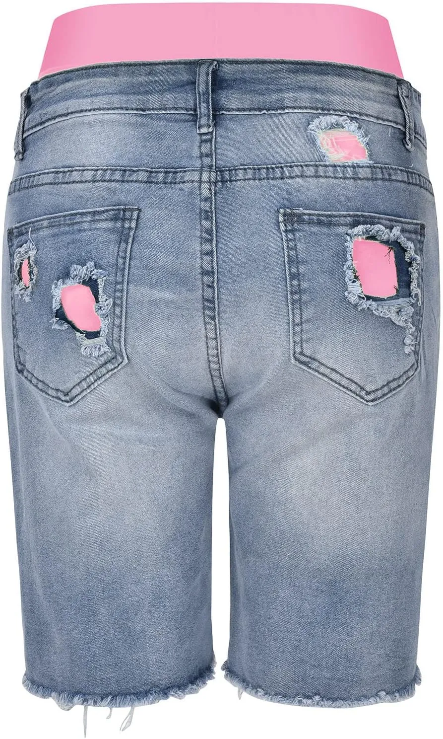 Jean Shorts Womens Stretchy High Waisted Knee Length Denim Bermuda Shorts Distressed Frayed Raw Hem Long Jean Jorts