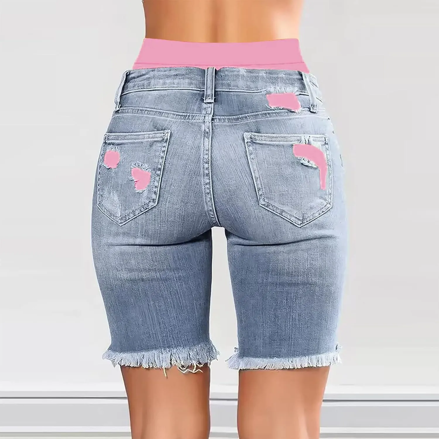 Jean Shorts Womens Stretchy High Waisted Knee Length Denim Bermuda Shorts Distressed Frayed Raw Hem Long Jean Jorts