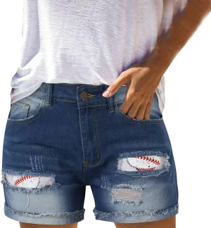 Jean Shorts Womens Summer High Waisted Ripped Denim Shorts Trendy Plus Size Patchwork Folded Hem Baseball Short Jean