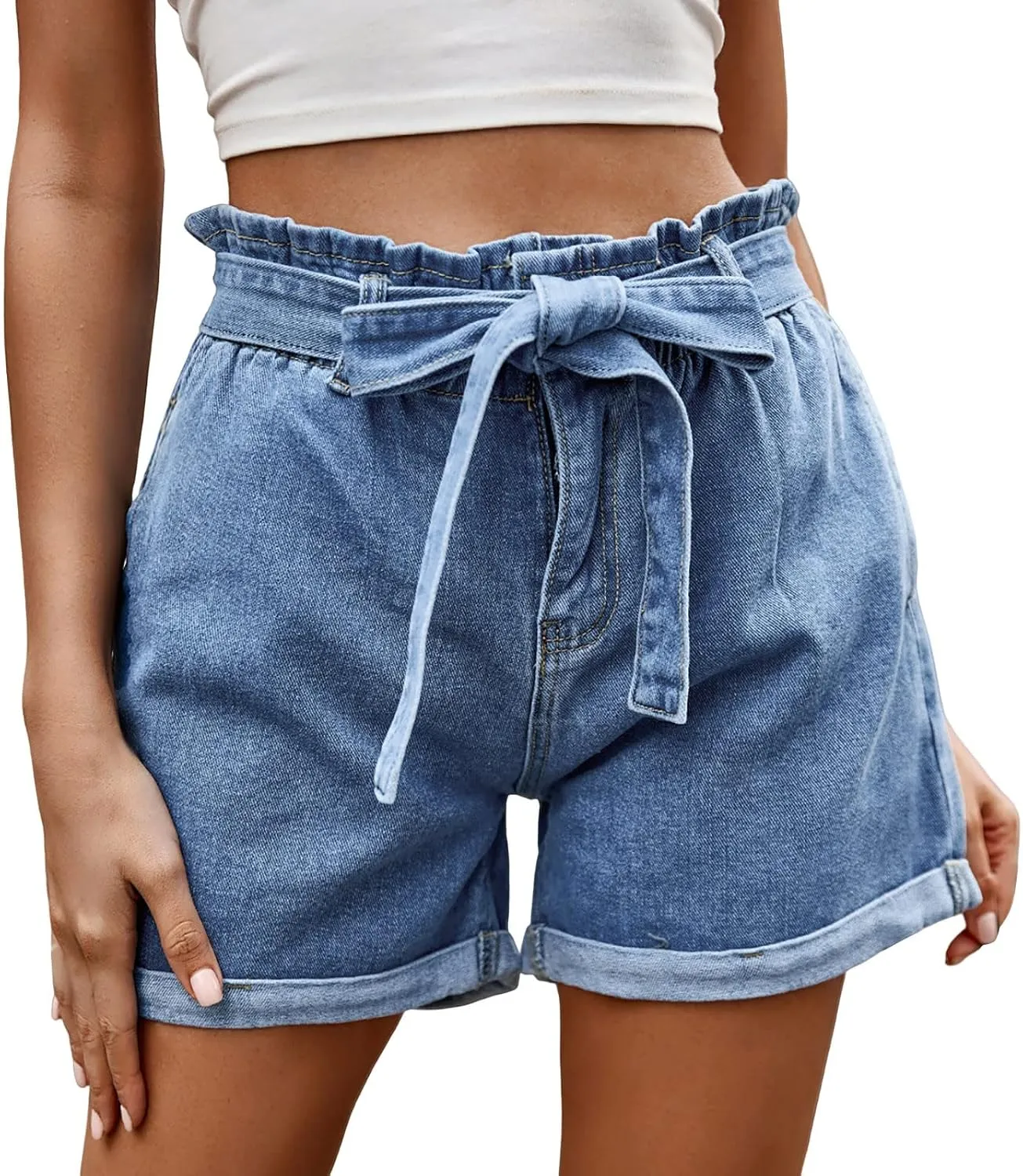 Jean Shorts Womens Trendy Elastic High Waisted Bow Tie Denim Shorts Baggy 5 Inch Inseam Pull On Jorts with Pockets