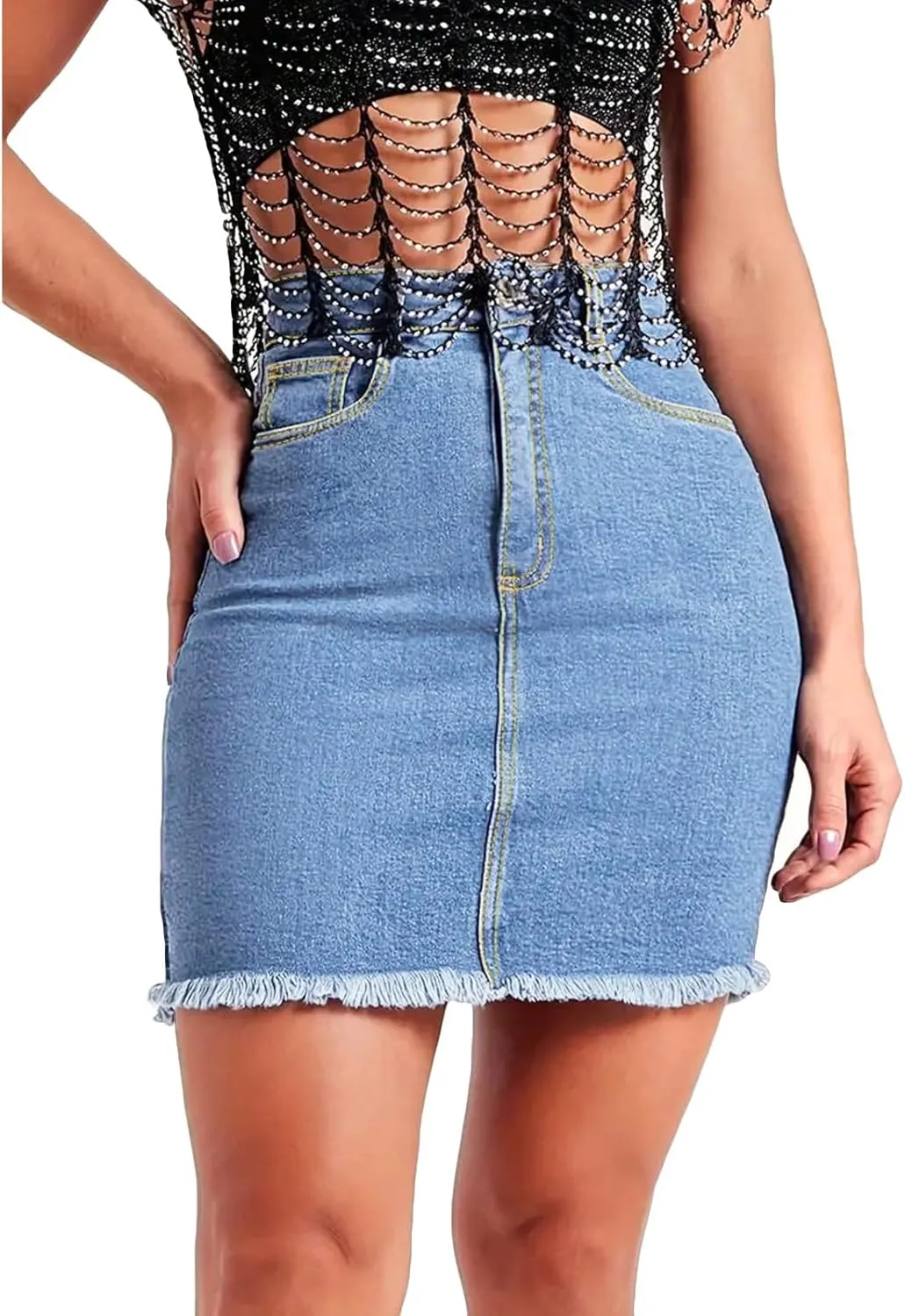 Jean Skirts for Women Denim Mini Skirt Y2k High Waisted Slim Fit Frayed Cowgirl Country Concert Outfits with Pockets
