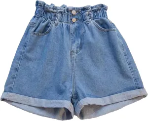 Jegsnoe Women's Denim Shorts Harem Ruffle High Waisted Elastic Waist Shorts