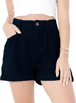 JEKE-DG Women's Corduroy Button Shorts High Waisted Roll Hem Leg Shorts Casual Wide Leg Cuffed Shorts with Pockets