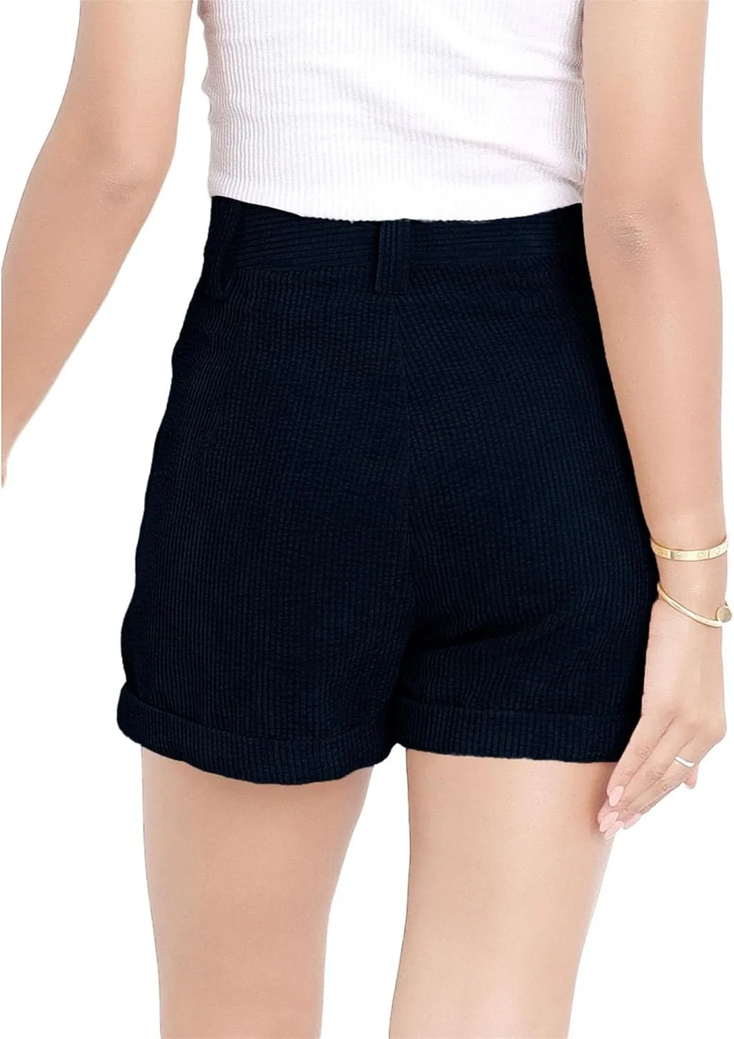 JEKE-DG Women's Corduroy Button Shorts High Waisted Roll Hem Leg Shorts Casual Wide Leg Cuffed Shorts with Pockets
