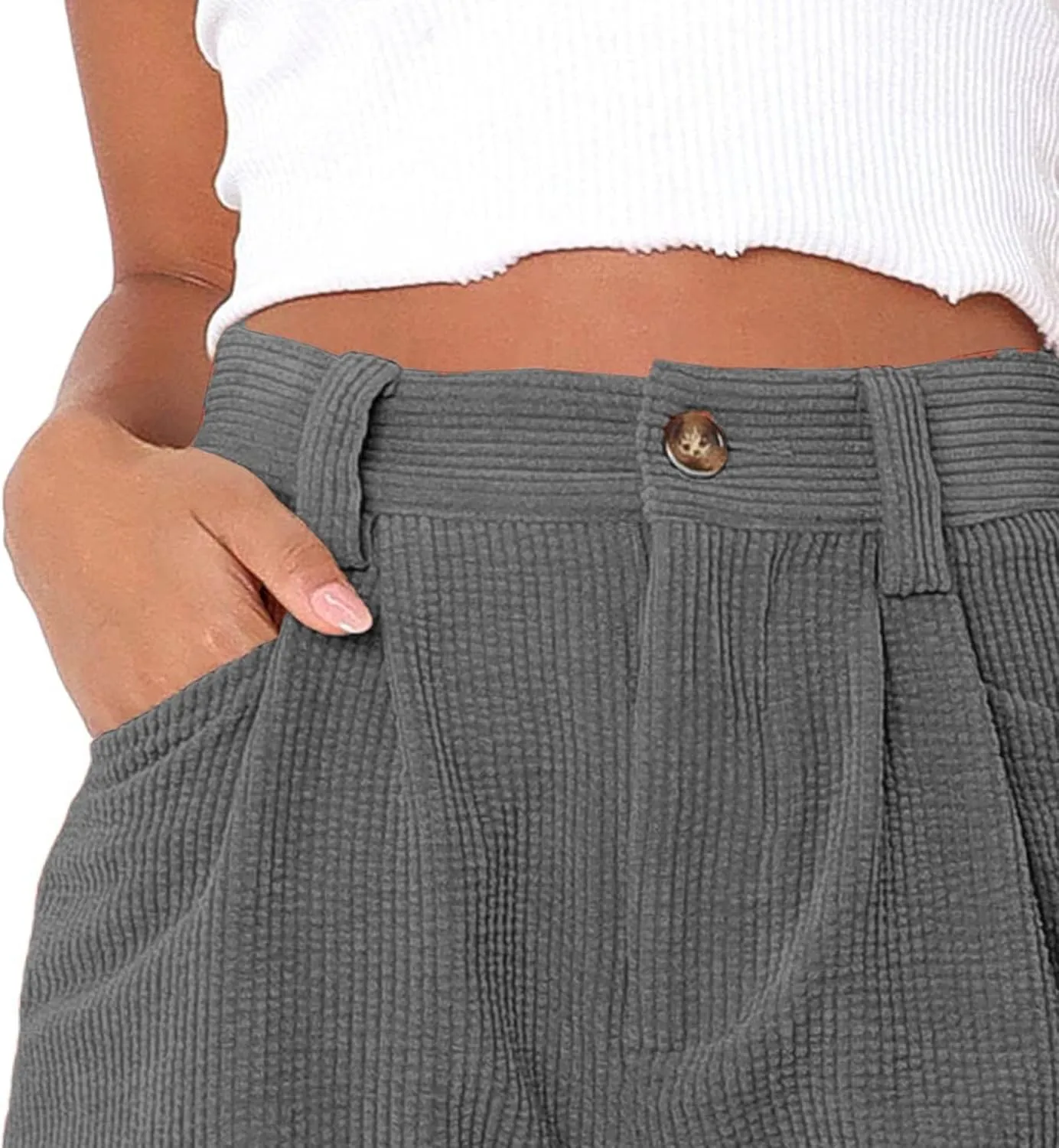 JEKE-DG Women's Corduroy Button Shorts High Waisted Roll Hem Leg Shorts Casual Wide Leg Cuffed Shorts with Pockets