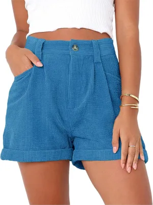 JEKE-DG Women's Corduroy Button Shorts High Waisted Roll Hem Leg Shorts Casual Wide Leg Cuffed Shorts with Pockets
