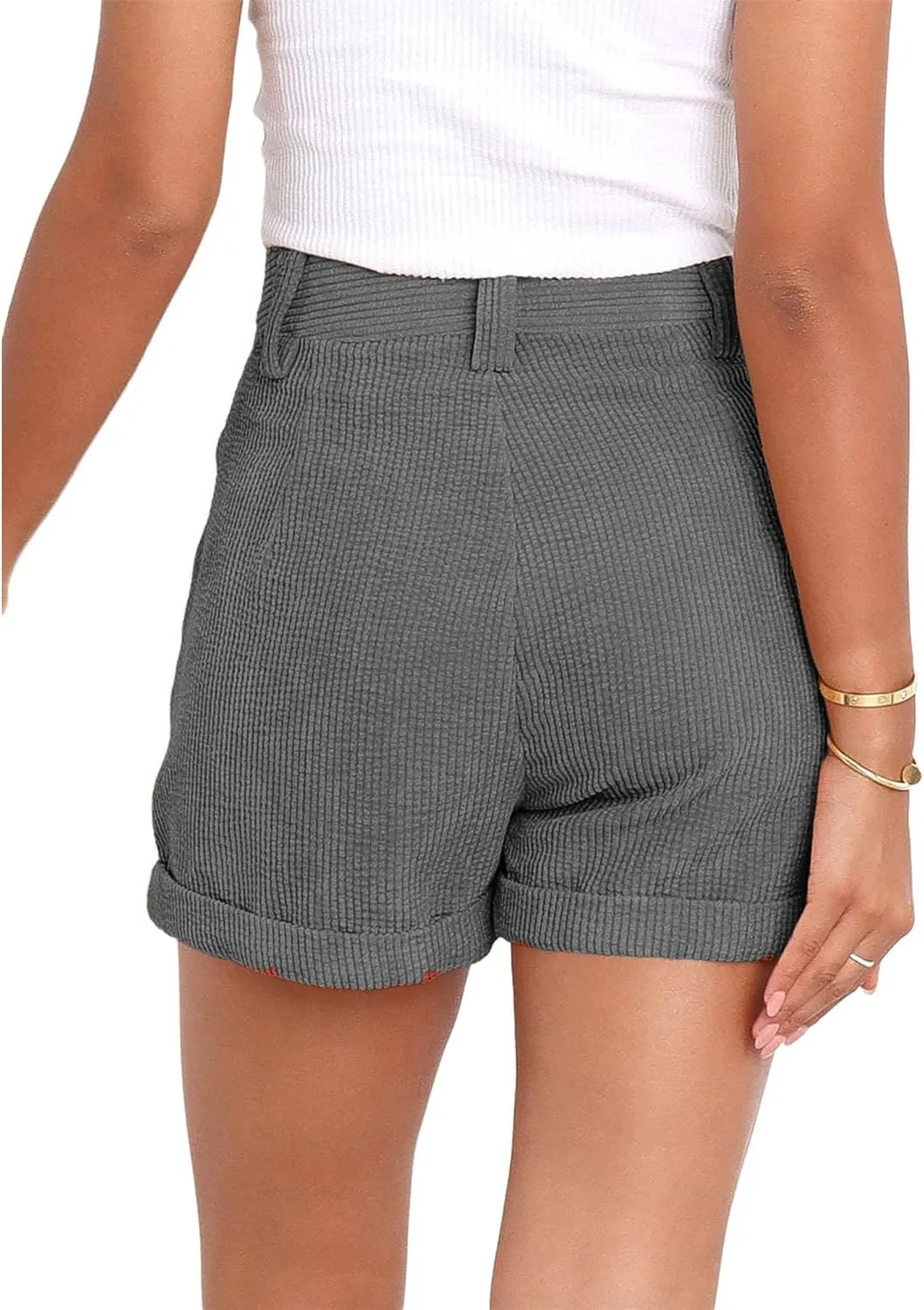 JEKE-DG Women's Corduroy Button Shorts High Waisted Roll Hem Leg Shorts Casual Wide Leg Cuffed Shorts with Pockets