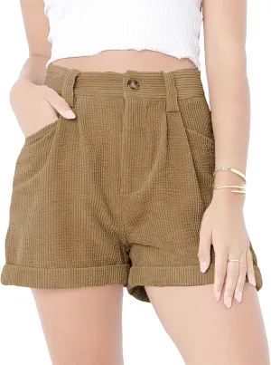 JEKE-DG Women's Corduroy Button Shorts High Waisted Roll Hem Leg Shorts Casual Wide Leg Cuffed Shorts with Pockets