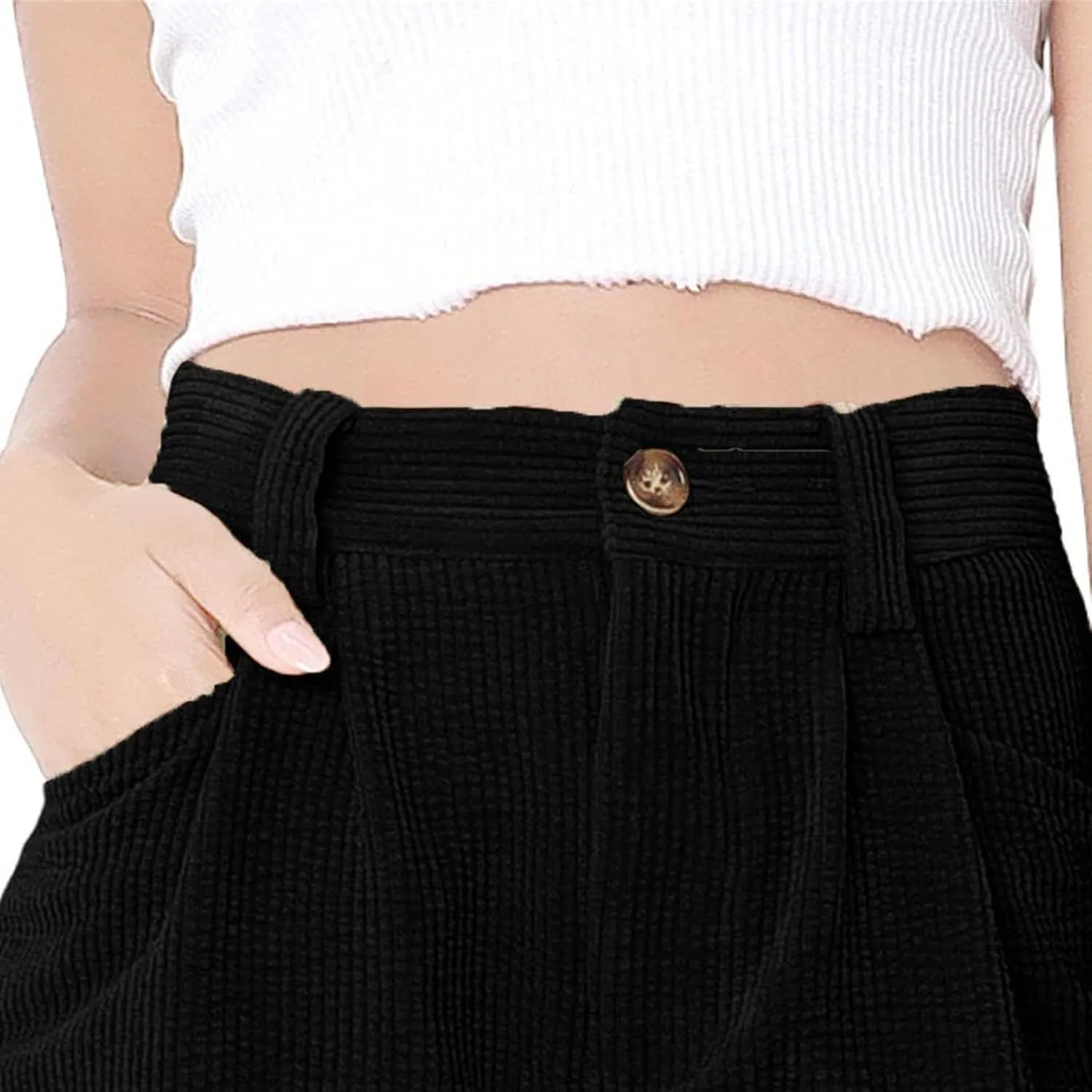 JEKE-DG Women's Corduroy Button Shorts High Waisted Roll Hem Leg Shorts Casual Wide Leg Cuffed Shorts with Pockets