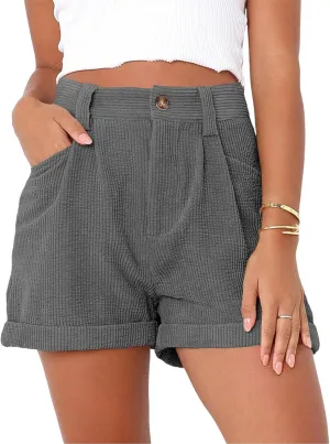 JEKE-DG Women's Corduroy Button Shorts High Waisted Roll Hem Leg Shorts Casual Wide Leg Cuffed Shorts with Pockets