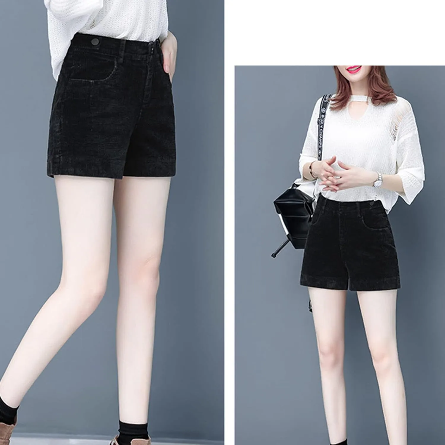 JEKE-DG Women's Corduroy Button Shorts High Waisted Roll Hem Leg Shorts Casual Wide Leg Cuffed Shorts with Pockets