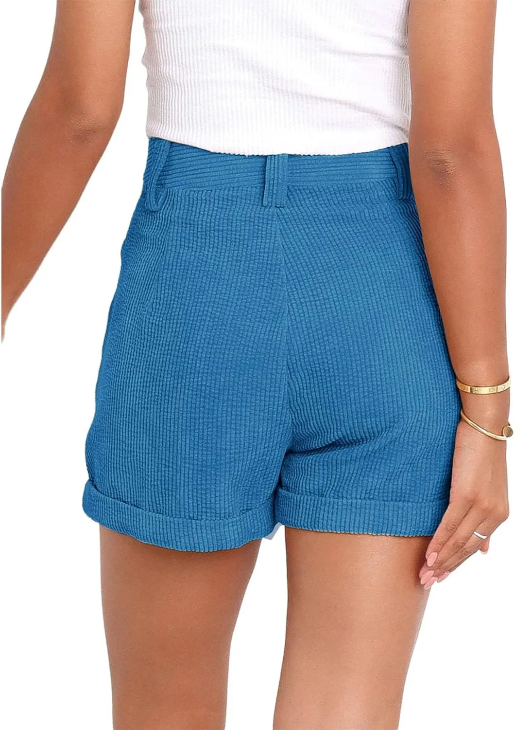 JEKE-DG Women's Corduroy Button Shorts High Waisted Roll Hem Leg Shorts Casual Wide Leg Cuffed Shorts with Pockets