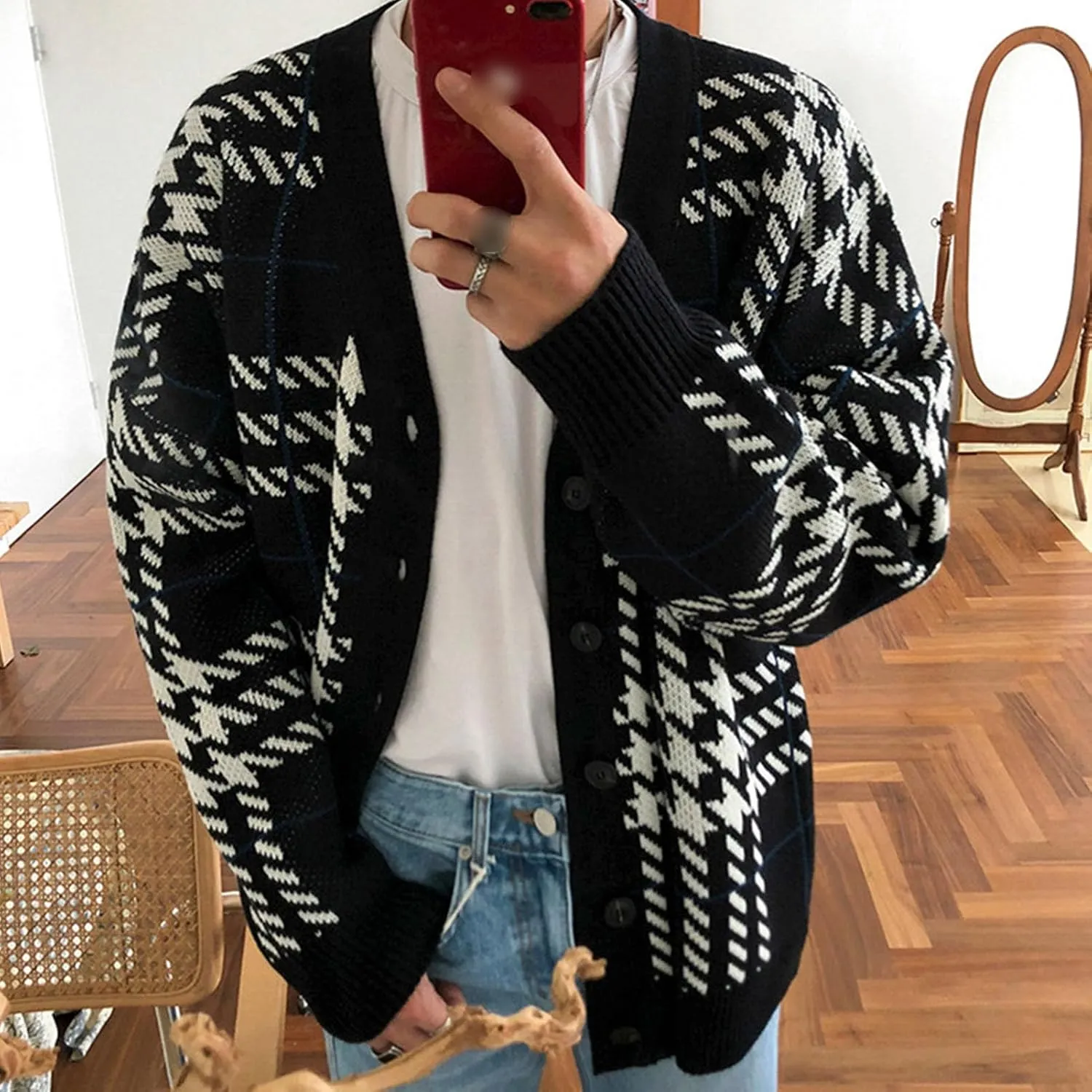 JEsilunmaMY Mens Loose Plaid Oversized Knit Cardigan Casual Button Down V Neck Sweater Soft Comfy Fall Knitwear Cardigans