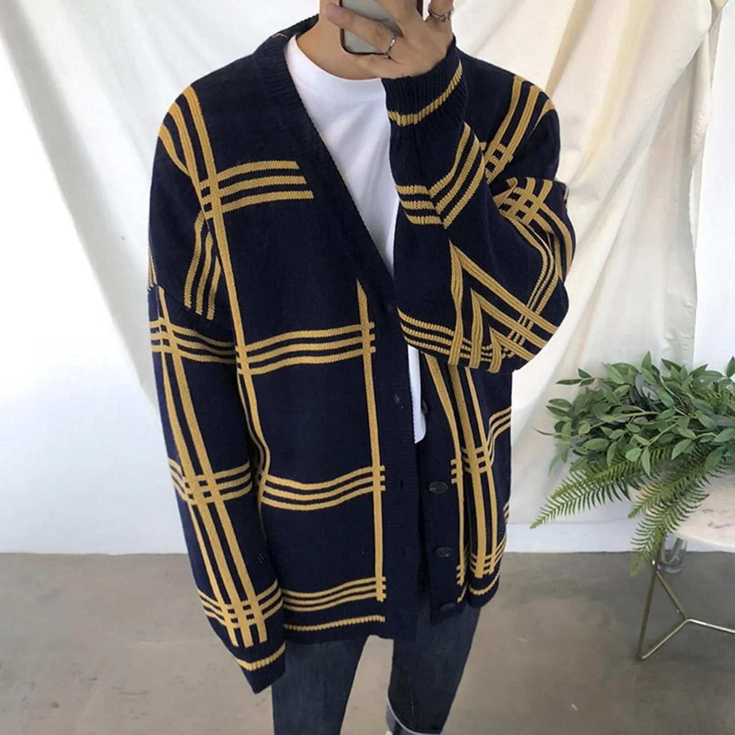 JEsilunmaMY Mens Loose Plaid Oversized Knit Cardigan Casual Button Down V Neck Sweater Soft Comfy Fall Knitwear Cardigans