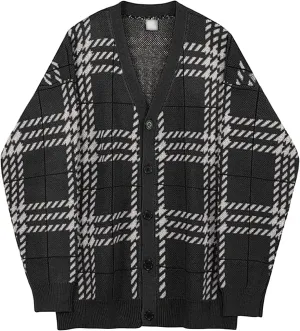 JEsilunmaMY Mens Loose Plaid Oversized Knit Cardigan Casual Button Down V Neck Sweater Soft Comfy Fall Knitwear Cardigans