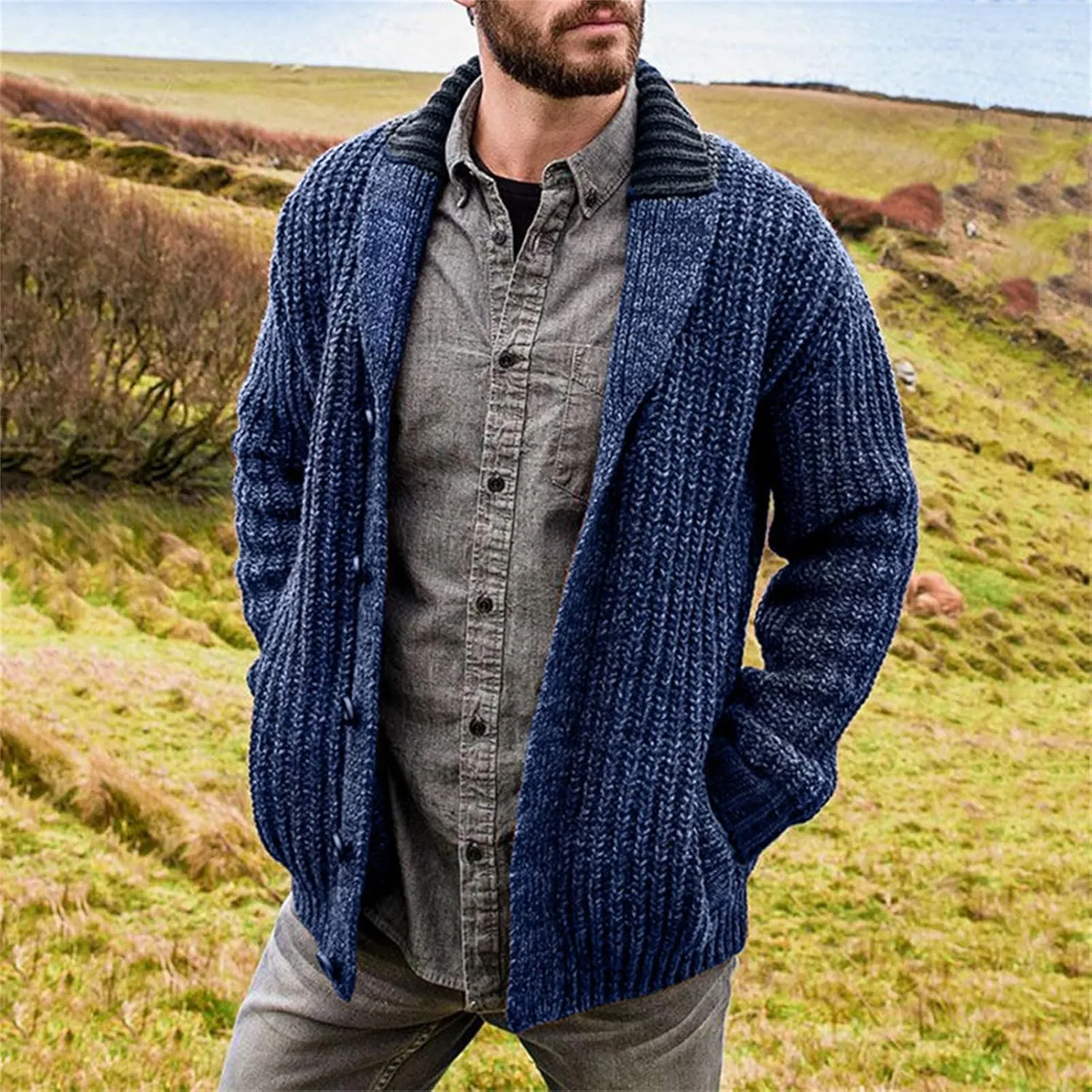 JEsilunmaMY Mens Shawl Collar Button Down Sweaters Casual Open Front Knitted Cardigan Solid Color Fall Winter Sweater Coats