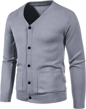 JEsilunmaMY Mens Solid Color Button Down Cardigans Casual V Neck Knit Sweaters with Pocket Lightweight Cardigan Knitwear