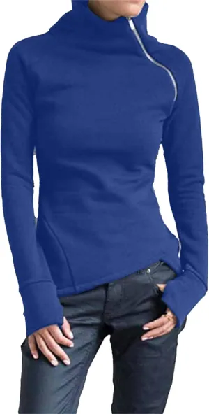 JEsilunmaMY Slim Fit Turtleneck Sweatshirt for Women Zip Irregular Hem Pullover with Thumb Hole Casual Mock Neck Sweater Tops