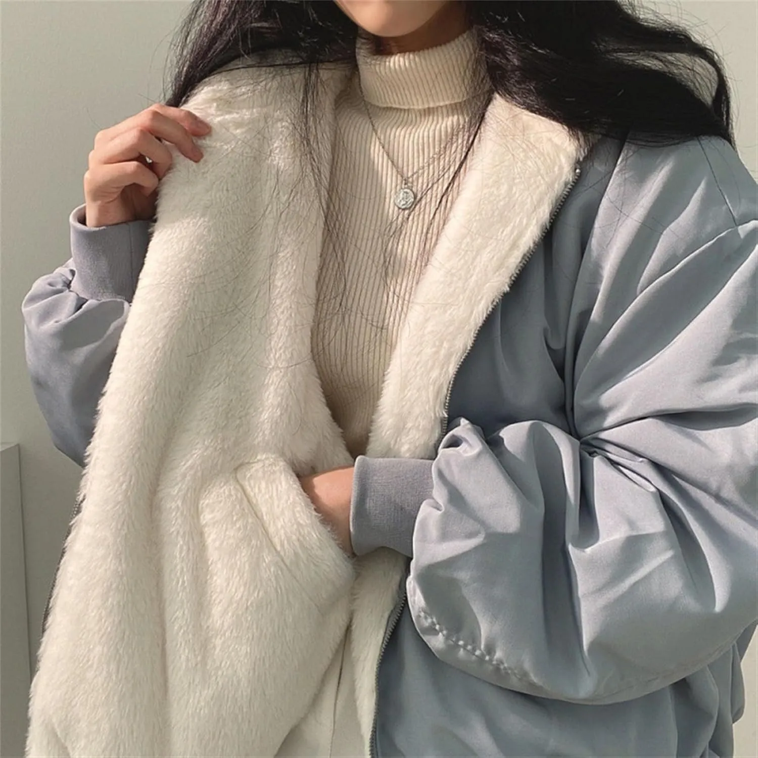 JEsilunmaMY Women's Fleece Lined Hooded Bomber Jacket Loose Zip Up Thicken Sherpa Wool Coat Warm Winter Padded Jakcets