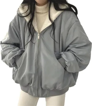 JEsilunmaMY Women's Fleece Lined Hooded Bomber Jacket Loose Zip Up Thicken Sherpa Wool Coat Warm Winter Padded Jakcets