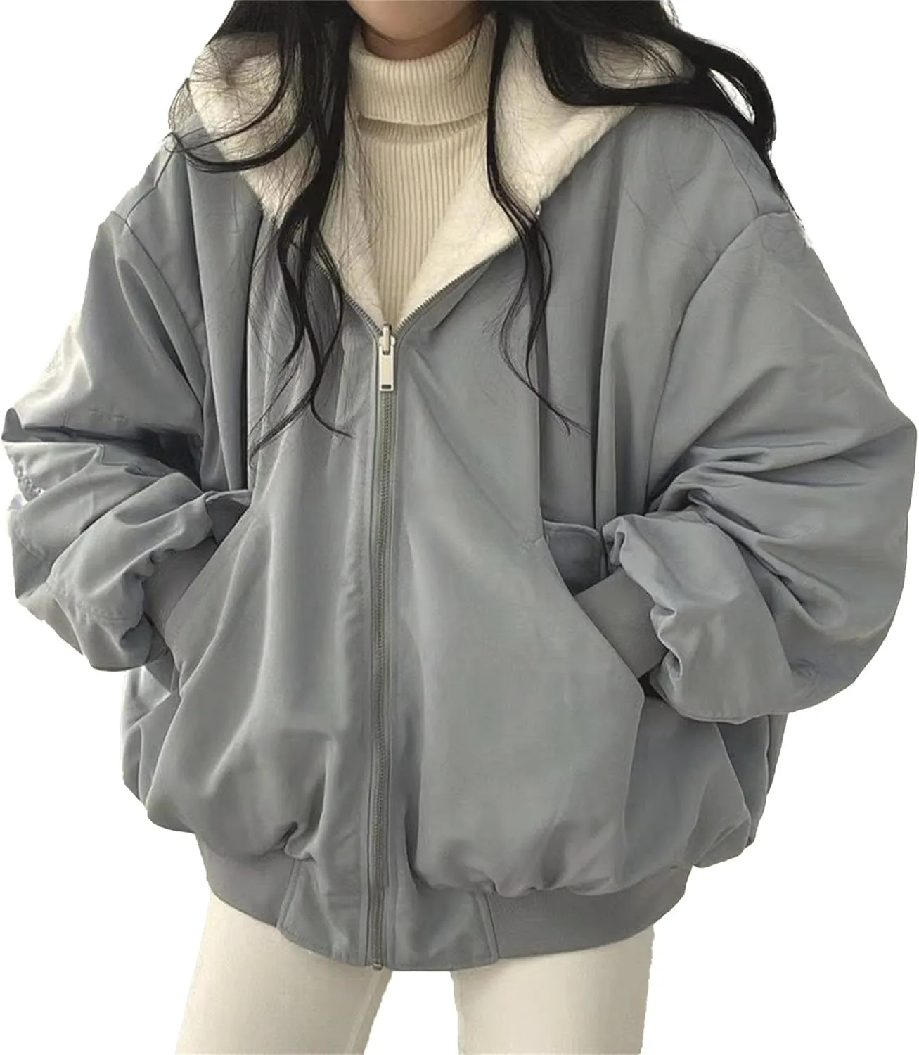JEsilunmaMY Women's Fleece Lined Hooded Bomber Jacket Loose Zip Up Thicken Sherpa Wool Coat Warm Winter Padded Jakcets