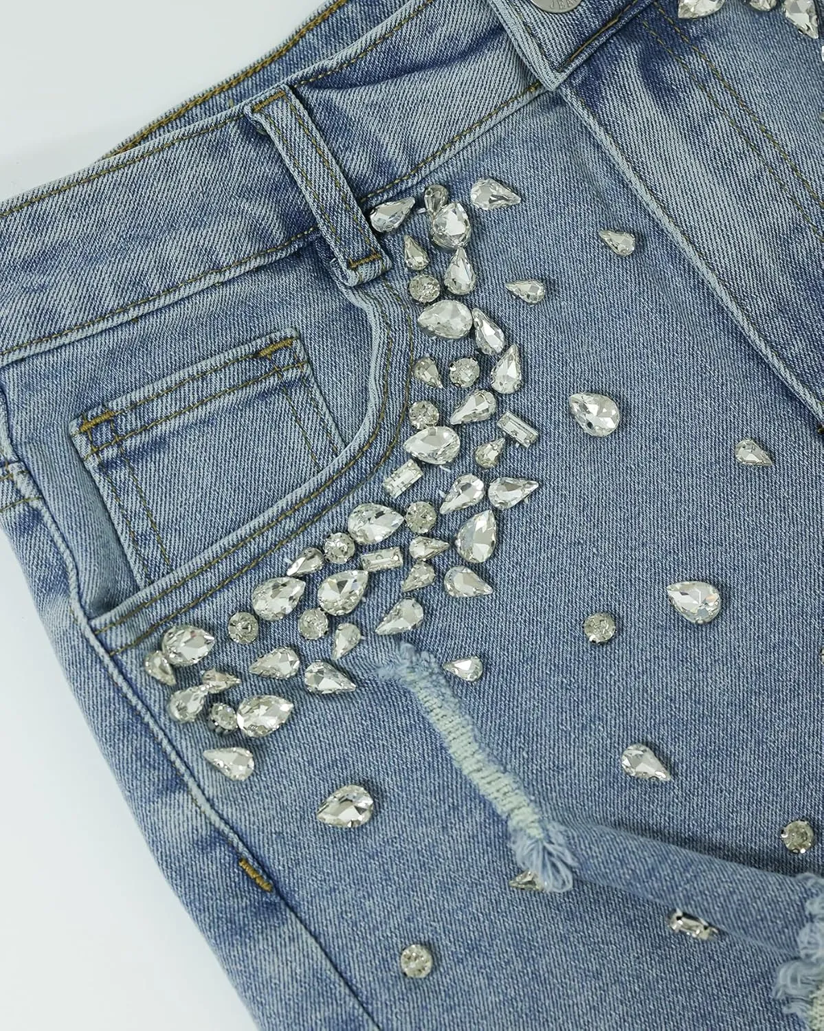 Kedera Women's Rhinestone Denim Shorts Jeans Shorts with Rhinestones High Waist Stretch Shorts Frayed Ripped Denim Shorts