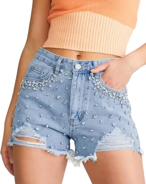 Kedera Women's Rhinestone Denim Shorts Jeans Shorts with Rhinestones High Waist Stretch Shorts Frayed Ripped Denim Shorts