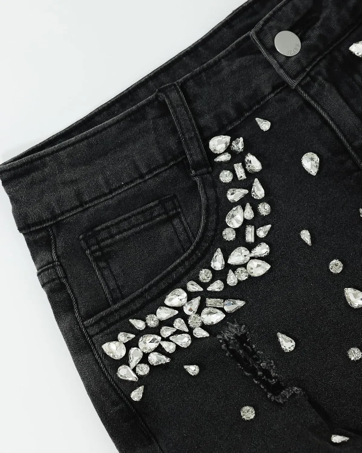 Kedera Women's Rhinestone Denim Shorts Jeans Shorts with Rhinestones High Waist Stretch Shorts Frayed Ripped Denim Shorts